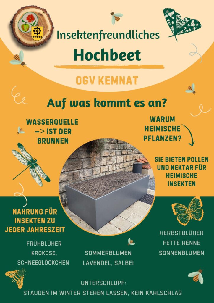 Grafik, die aufzeigt, auf was es beim Gestalten eines insektenfreundlichen Hochbeets ankommt.